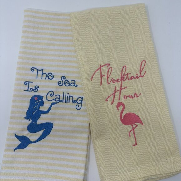 NWT Coastal Dish Towels Set of 2 Mermaid Flamingo The Sea is Calling Hand Towel - Picture 3 of 5